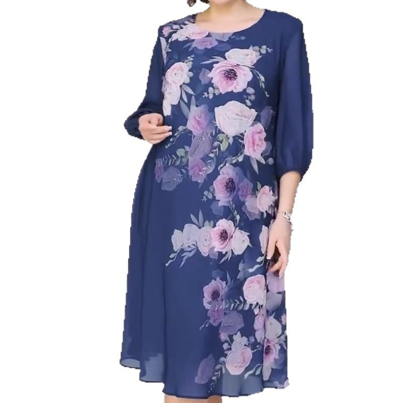 Elegáns virágmintás sifon ruha kerek nyakkivágással