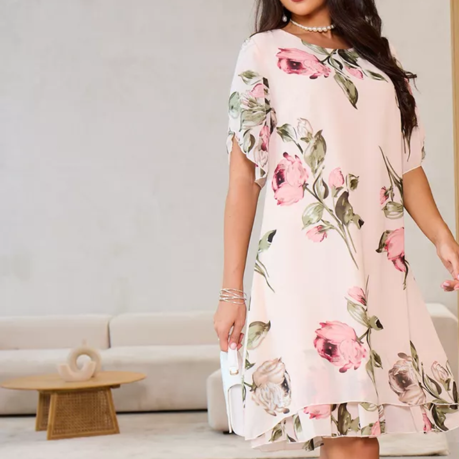 FORRÓ 50% 👗 Pirosas, Sziromszirmos, Világos Sifon Ruha